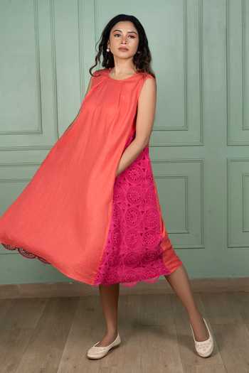 Buy Orange Linen Lace Round Neck Salsa And Pink Dress For Women by Gothilo  Online at Aza Fashions.