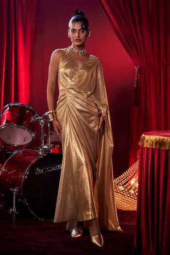Buy Gold Knit Sequins V-neck Medusa Embellished Gown For Women by House Of  Fett Online at Aza Fashions.