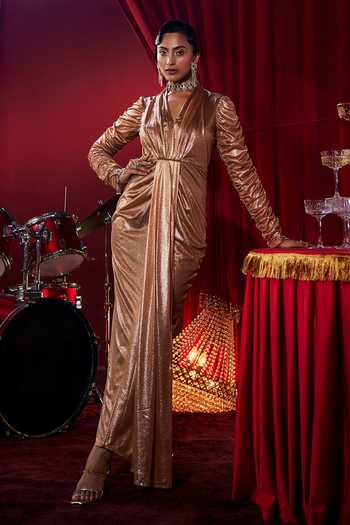 Buy Gold Knit Sequins V-neck J Adore Embellished Gown For Women by House Of  Fett Online at Aza Fashions.