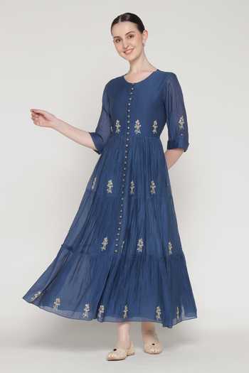 Summer by Priyanka Gupta Blue Chanderi Embroidery Round Neck Noor E Tiered Dress| AZA Fashions