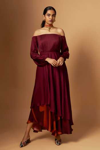 Off-Shoulder Layered Dress XS / Maroon