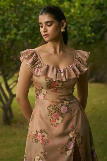 strapless open back dress Rangoli Silk Mehndi Color Gown With Pink Dupatta – vastracloth