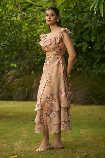 AMRIN KHAN Green Georgette, Organza Ruffles Sweetheart Neck Mehndi Floral One Piece Dress| Aza Fashions AMRIN KHAN Green Georgette, Organza Ruffles Sweetheart Neck Mehndi Floral One Piece Dress| Aza Fashions