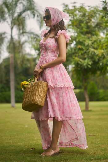 AMRIN KHAN Pink Georgette, Organza Sweetheart Neck Baby One Piece Dress| Aza Fashions