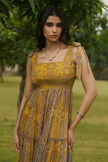 Buy Yellow Georgette, Organza Square Neck Floral One Piece Dress