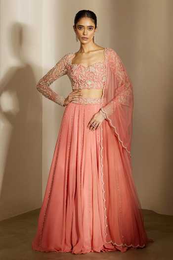 Buy Peach Georgette, Net Embroidery, Pearls Alyza Leaf Line Floral
