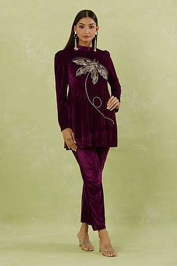 Wine Butterfly Motif Kurta Set 