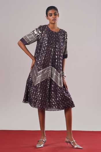 Buy Purple Brocade, Silk Zari Round Neck Suki Geometric Pattern A-line Midi  Dress For Women by Urvashi Kaur Online at Aza Fashions.