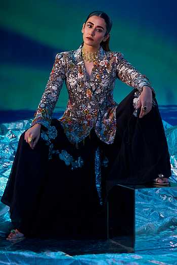 Black Embroidered Blazer & Lehenga Set