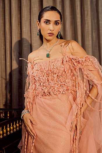 Buy Pink Tulle Ruffles, Fabric Flowers Off-shoulder Off Sheath