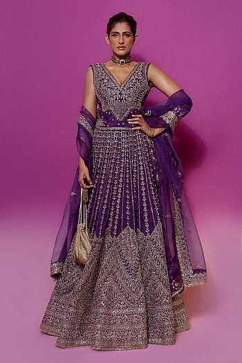 Embroidered V-Neck Blouse & Lehenga Set