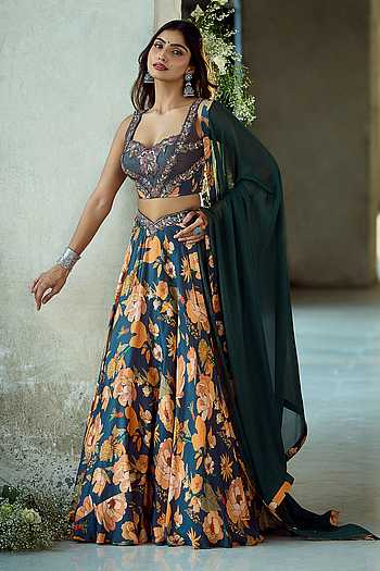 Printed Silk Lehenga Set with Embroidered Blouse 