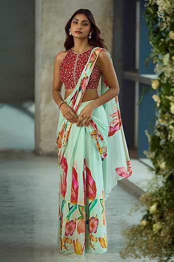 Floral Pattern Pre-Draped Saree Set 
