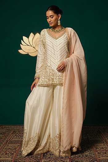 Silk Tissue Kurta Set with Sharara and Dupatta