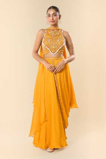 Hand Embroidered Halter Blouse With Lehenga Saree 
