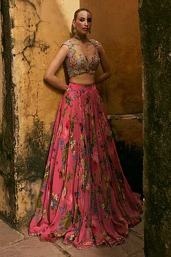Buy Multi Color Organza Applique V-neck Printed Blouse And Skirt