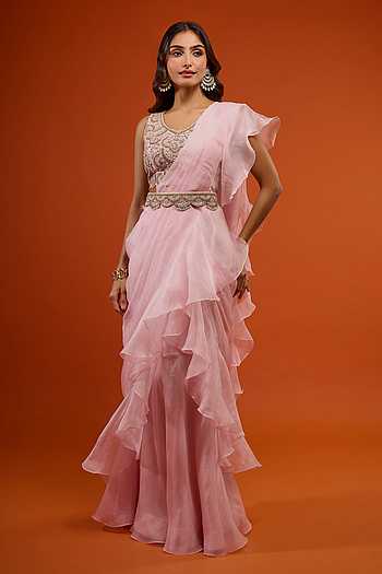 pink saree dress design Baby Pink Threadwork Semi Crepe Designer Saree