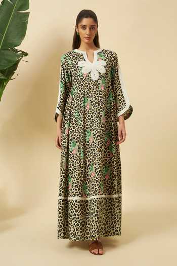 Buy Multi Color Cotton Split V-neck Leopard Print Maxi Dress For Women by Nikasha Online at Aza Fashions. Buy Multi Color Cotton Split V-neck Leopard Print Maxi Dress For Women by Nikasha Online at Aza Fashions.