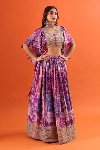 Printed Ruffle Sleeve Blouse Lehenga Set 
