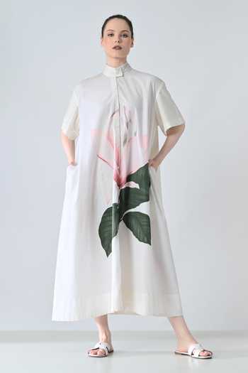 Buy Off White Cotton Mandarin Collar Blossom Print Shirt Dress For Women by Samant  Chauhan Online at Aza Fashions.