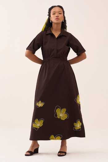 Buy Brown Cotton, Poplin Applique Collared Floral Reverse Dress For Women  by Three Online at Aza Fashions.