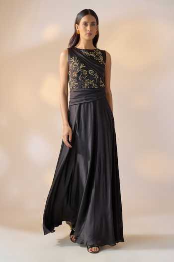 blue dress for baby girl Lady Black Tie - Tanya Gown - Feather Trim Sequin Dress - Black main image 0