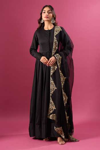 Khwaab By Sanjana Lakhani Black Cotton Zari Round Neck Embroidered Anarkali  With Dupatta