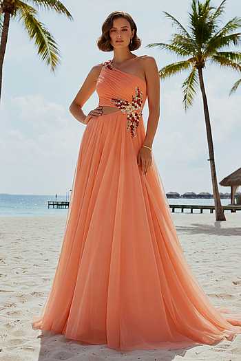 Buy Peach Net Embroidery, Sequins, Beads One Shoulder Bloom Floral Hand Gown  For Women by Nautanky Online at Aza Fashions.