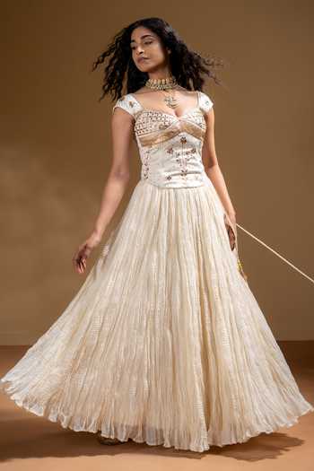 gold yellow mini dress Off White Floral Printed With Stone Work Georgette Gown