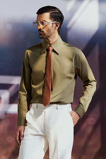 Buy Olive Green Cotton Charlie Concealed Placket Shirt For Men by