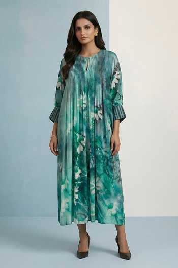 Kalista Turquoise Pure Cotton Round Neck Yuna Floral Pattern Maxi Dress| Aza Fashions