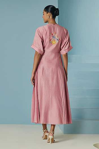 Buy Pink Chanderi Embroidery, Beads High Neck Floral Pleated Midi
