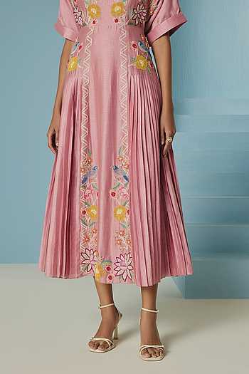 Buy Pink Chanderi Embroidery, Beads High Neck Floral Pleated Midi
