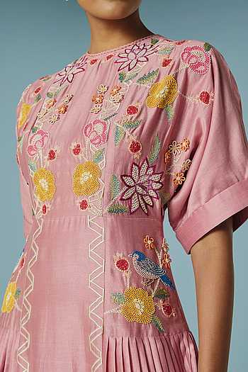 Buy Pink Chanderi Embroidery, Beads High Neck Floral Pleated Midi