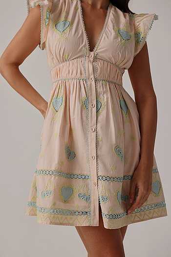 Buy Peach Poplin Embroidery V-neck Estella Hand Dress For Women by NOIB  Online at Aza Fashions.