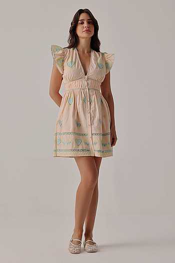 Buy Peach Poplin Embroidery V-neck Estella Hand Dress For Women by NOIB  Online at Aza Fashions.