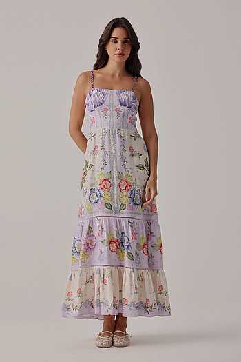 Buy Purple Linen Lace Square Neck Ruby Placement Print Maxi Dress For Women  by NOIB Online at Aza Fashions.