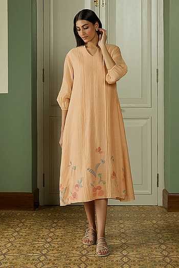 peach brown color dress Row Plain midi dress, four leaf clover