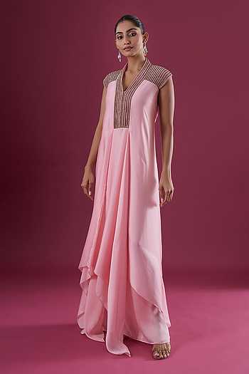 Buy Pink Chiffon Beads V-neck Placed Embroidered Maxi Dress For Women by  Amit Aggarwal Online at Aza Fashions.