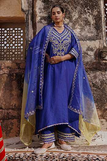 Chanderi Yoke Embroidered Kurta Set