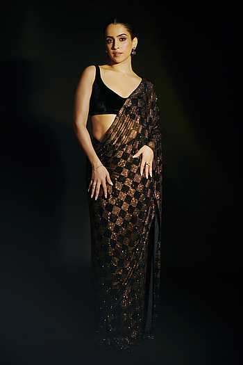Golden Nightfall Crystal Pre-Draped Saree Set