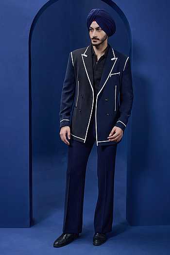 Buy Black Twill Panelled Blazer And Pant Set For Men by Sarab