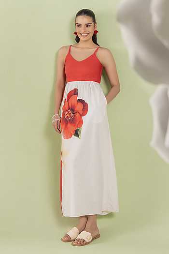 Buy Red Cotton Satin V-neck Ruby Flora Maxi Dress For Women by Zazu Online  at Aza Fashions in CA
