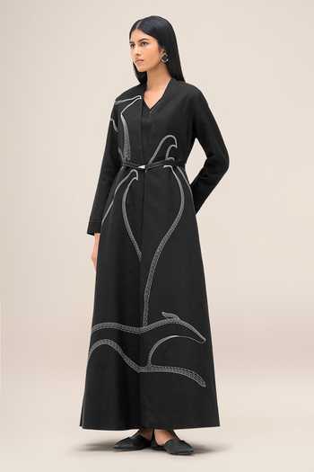 Ampm Black Cotton, Linen Open Neck, Yes, Nightingale Abaya With Dress
