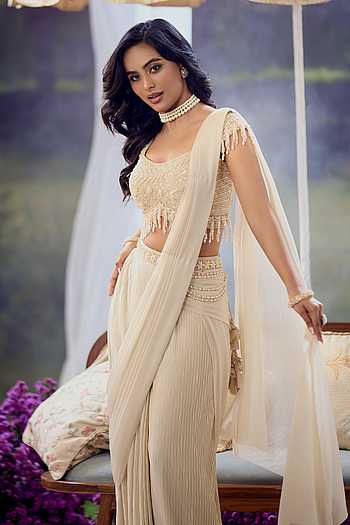 Pre-Draped Saree With Embroidered Net Blouse