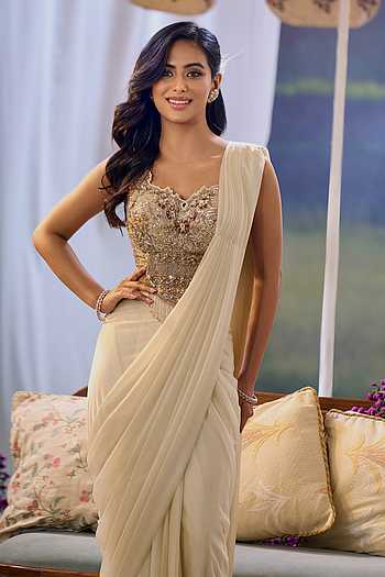 Pre-Draped Lycra Saree With Embroidered Blouse