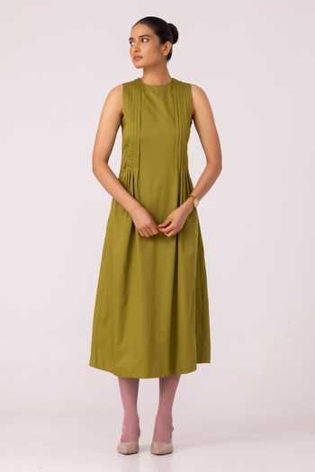 slim fit dress slacks Summer Maxi Dress with Open Back & Pockets in Olive Green Print