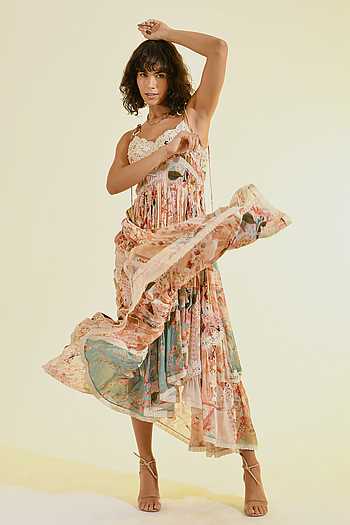 bhanuni by jyoti sleeveless patchwork lace tiered midi dress Anthropologie Bhanuni by Jyoti Sleeveless Patchwork Lace Tiered Midi Dress M