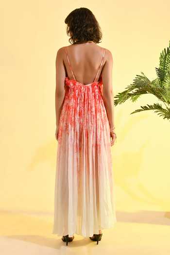 Buy Red Viscose Square Neck Cherry Blossom 3d And Floral Print Maxi Dress  For Women by Bhanuni By Jyoti Online at Aza Fashions.