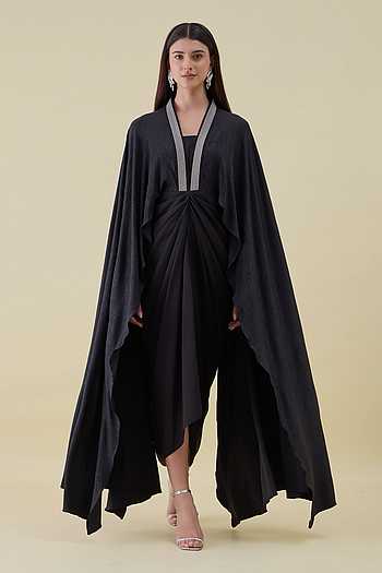 strapless open back dress Short Pleated Cascade Cape Dress in Black